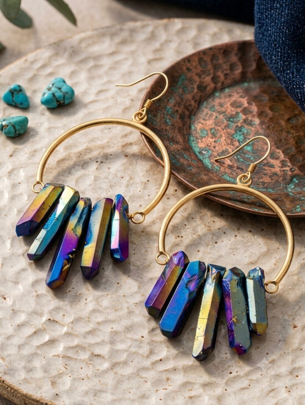 Rainbow Aura Quartz Crystal Point Fringe Gold Brass Boho Chic Hoop Earrings 3.5"